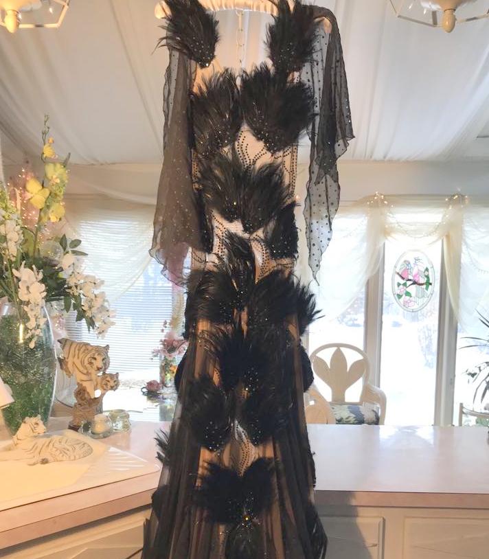 Black Ballroom Dress On Nude Color Base with Black Feathers-Black Swan