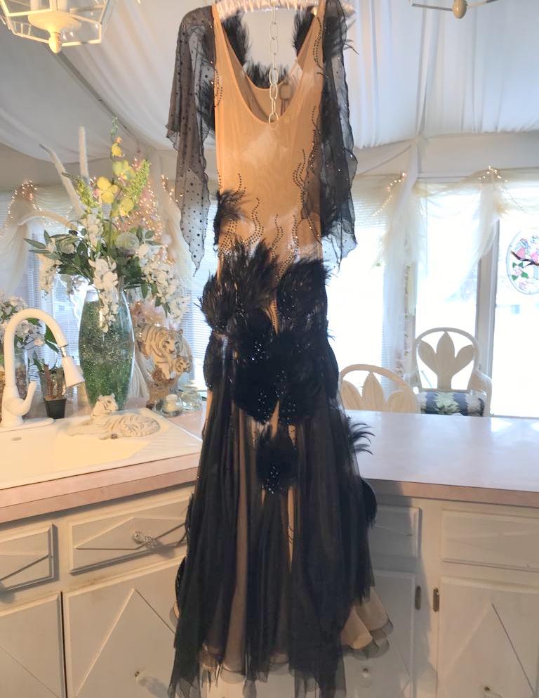 Black Ballroom Dress On Nude Color Base with Black Feathers-Black Swan