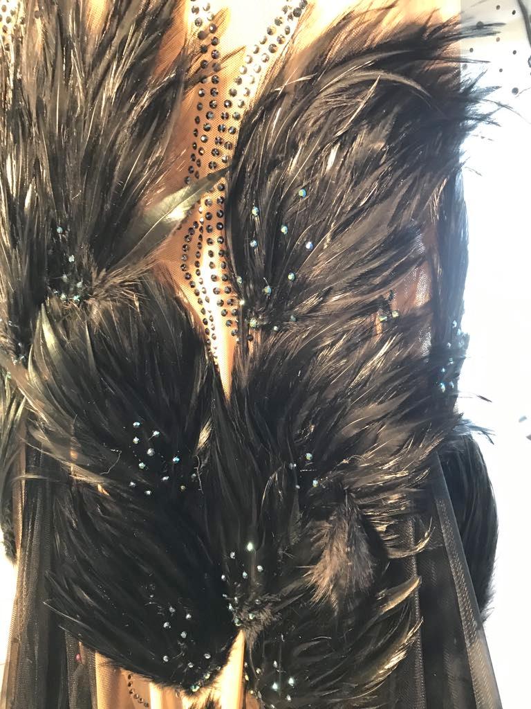 Black Ballroom Dress On Nude Color Base with Black Feathers-Black Swan