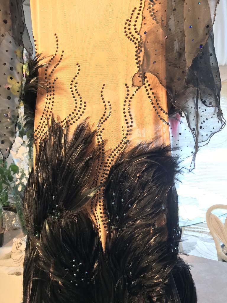 Black Ballroom Dress On Nude Color Base with Black Feathers-Black Swan
