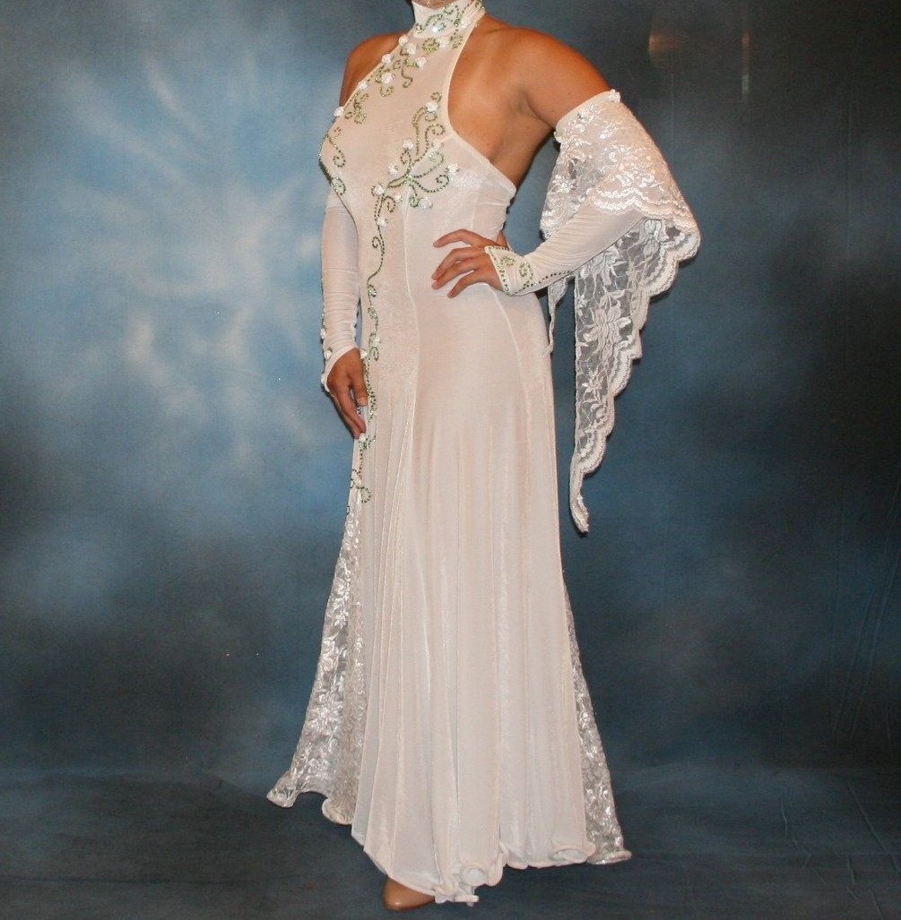 White Ballroom Dress with Miniature Silk Roses & Green Swarovski Rhinestones-Roses & Lace