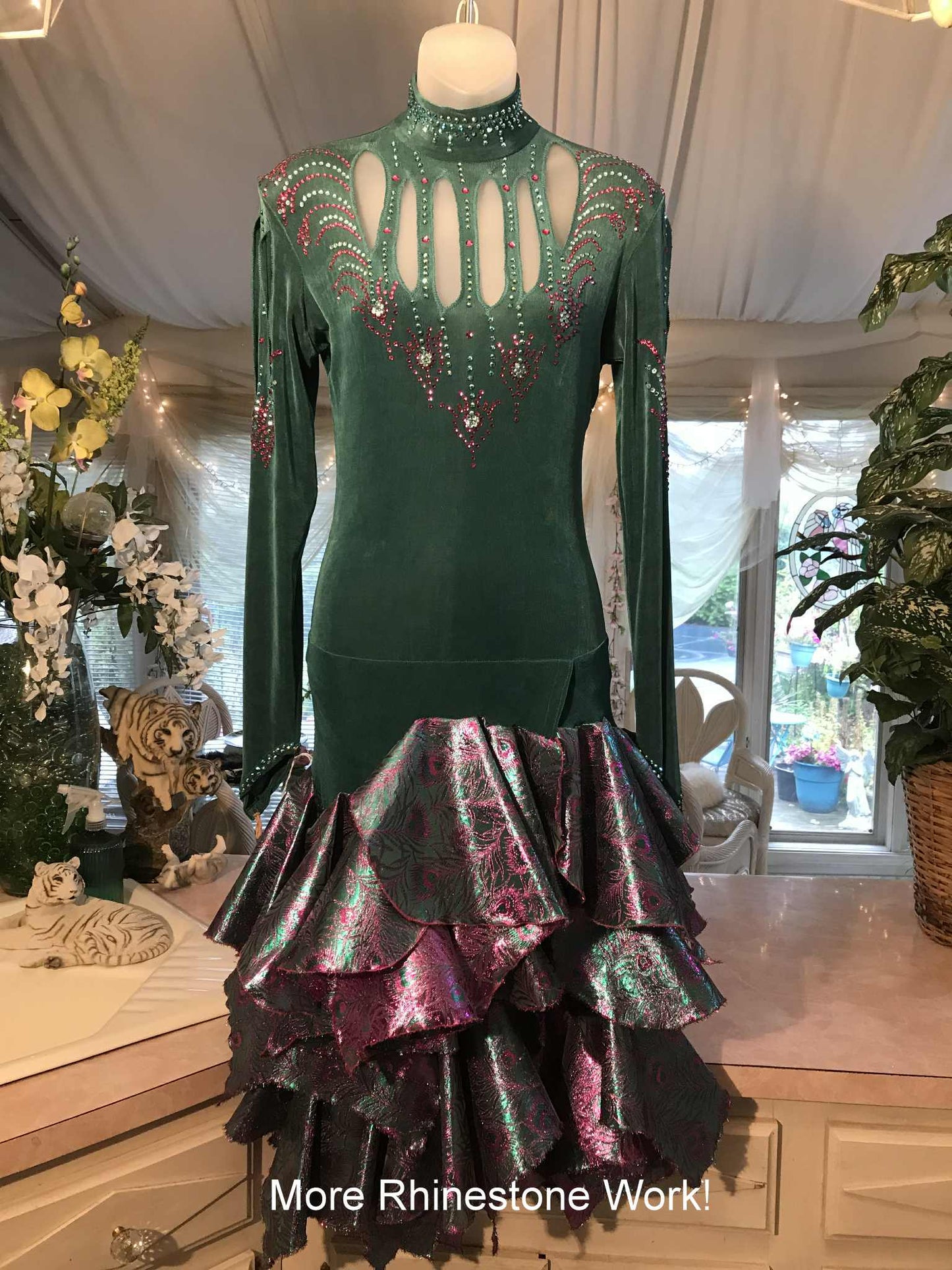 Teal Latin-Rhythm Dress with Teal & Fuchsia Peacock Print Accents-Sheila