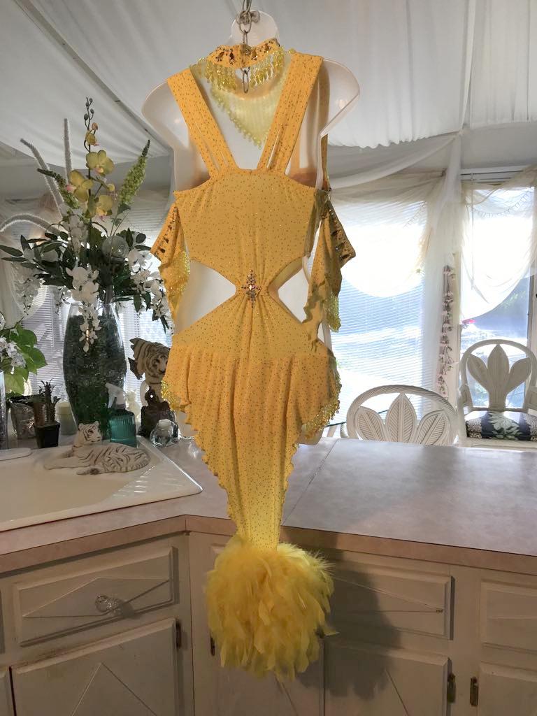 New back view of Crystal's Creations Yellow Latin/rhythm dress created of yellow glitter slinky features hand beaded fringe, cut out midriff sides, CAB Swarovski rhinestone work & a touch of turkey feathers.