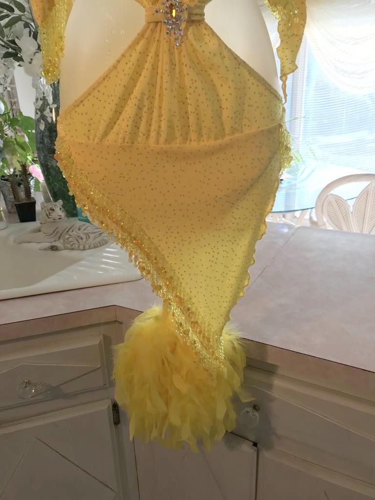 Bottom detail view of Crystal's Creations Yellow Latin/rhythm dress created of yellow glitter slinky features hand beaded fringe, cut out midriff sides, CAB Swarovski rhinestone work & a touch of turkey feathers.
