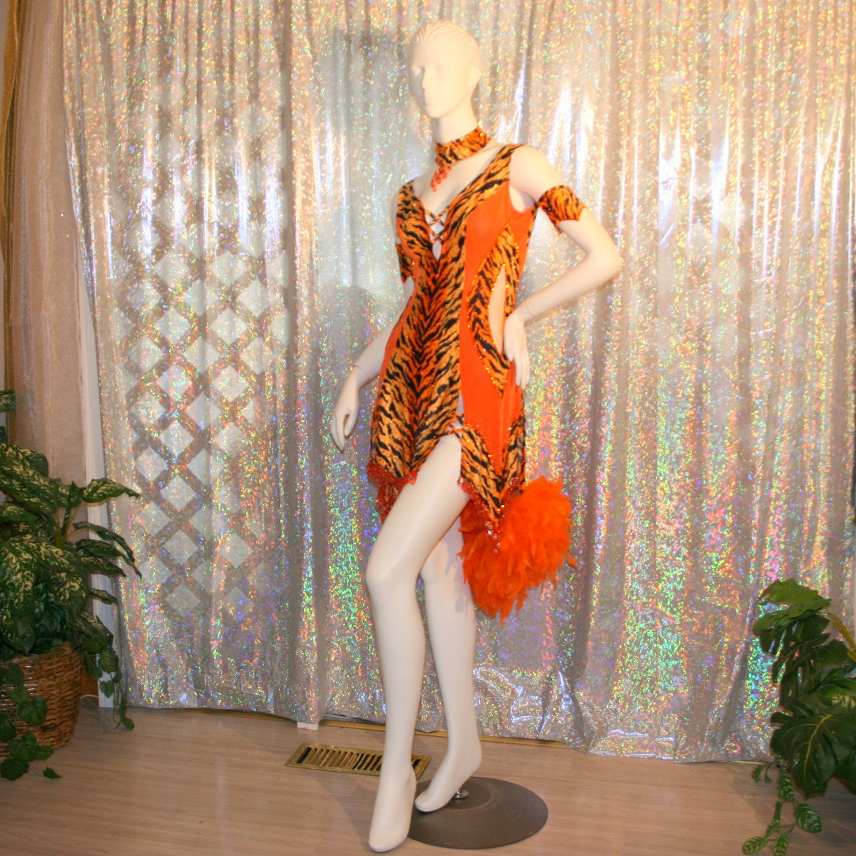 Added arm embellishments & neck piece to Crystal's Creations orange & black tiger print Latin/rhythm dress with chandelle feathers & hand beading