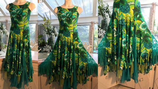 Teal tropical print ballroom dress with oodles of flounces is lovely as is, however, I intend to put some bling on it & get it ballroom competition or showcase ready!