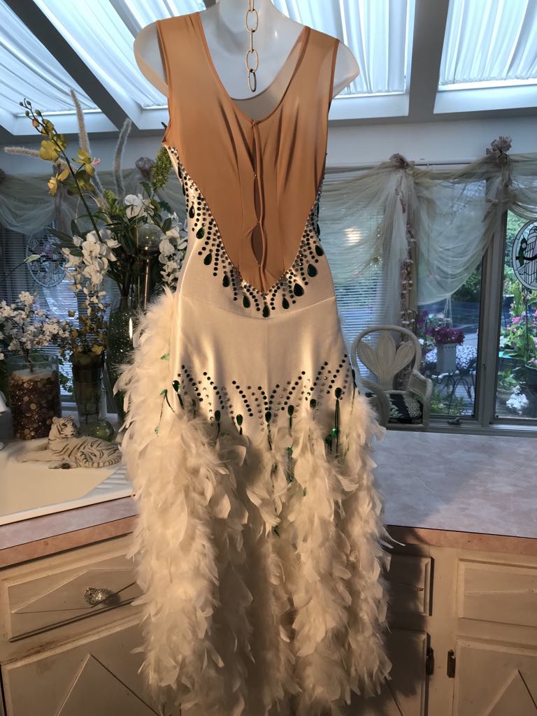 White Latin-Rhythm Dress with Emerald Green Accents & White Feathers on Sale-Shondra