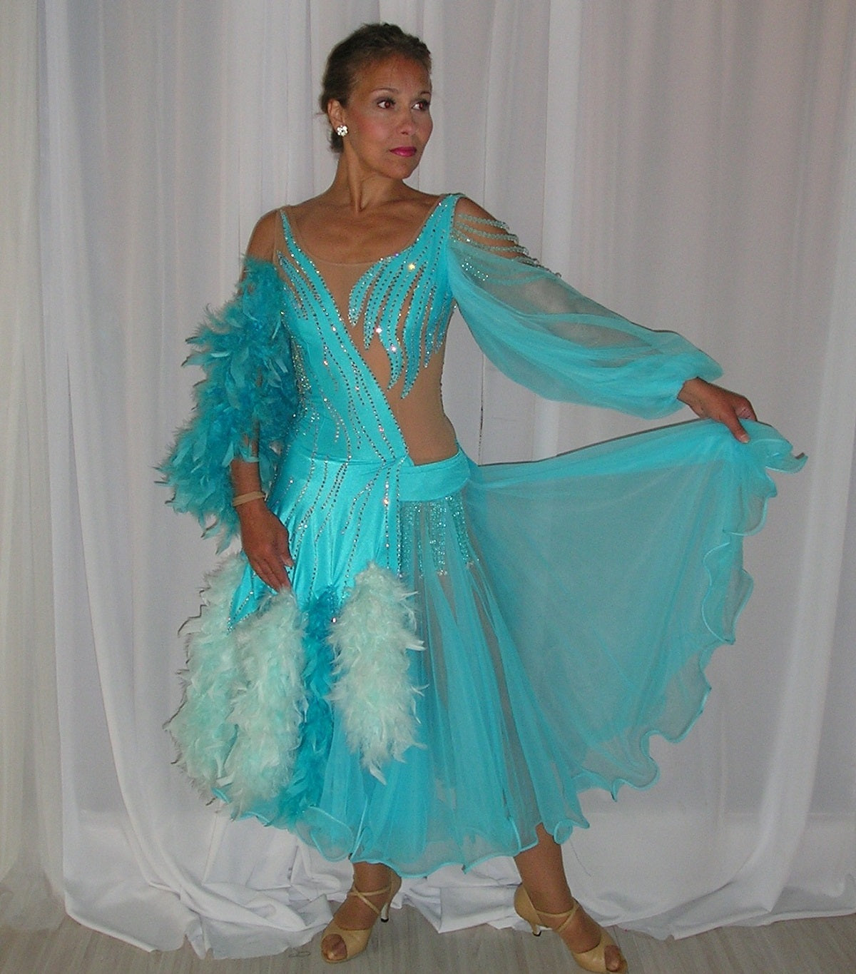 Turquoise Converta Ballroom Dress with Feathers on Sale-Celia