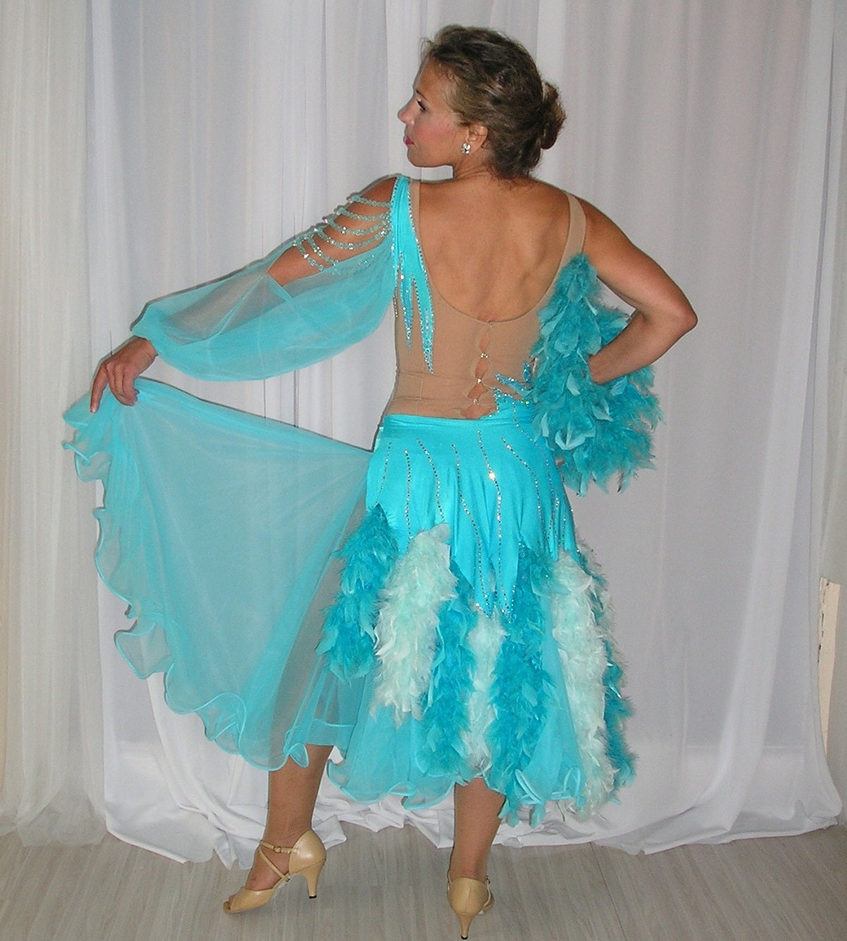 Turquoise Converta Ballroom Dress with Feathers on Sale-Celia