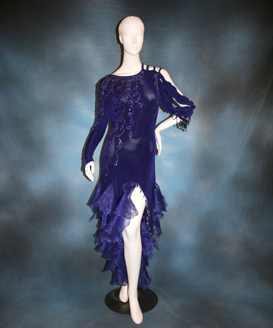 Crystal's Creations indigo blue Latin dress created of luxurious solid slinky with extensive Swarovski rhinestone work & hand beading