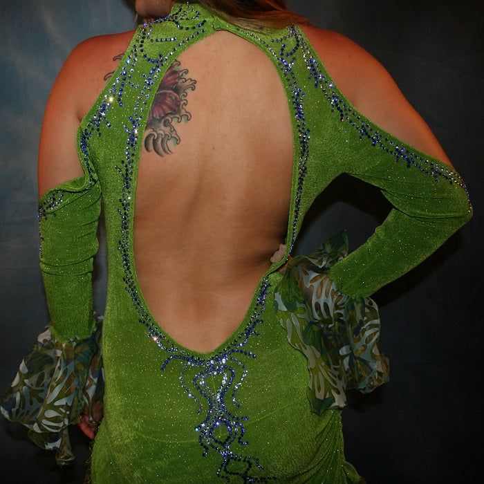 Crystal's Creations close up back view of Green Latin/rhythm dance dress was created in apple green glitterknit slinky & printed chiffon flounces, embellished with sapphire & light sapphire Swarovski rhinestones, with hand beading.