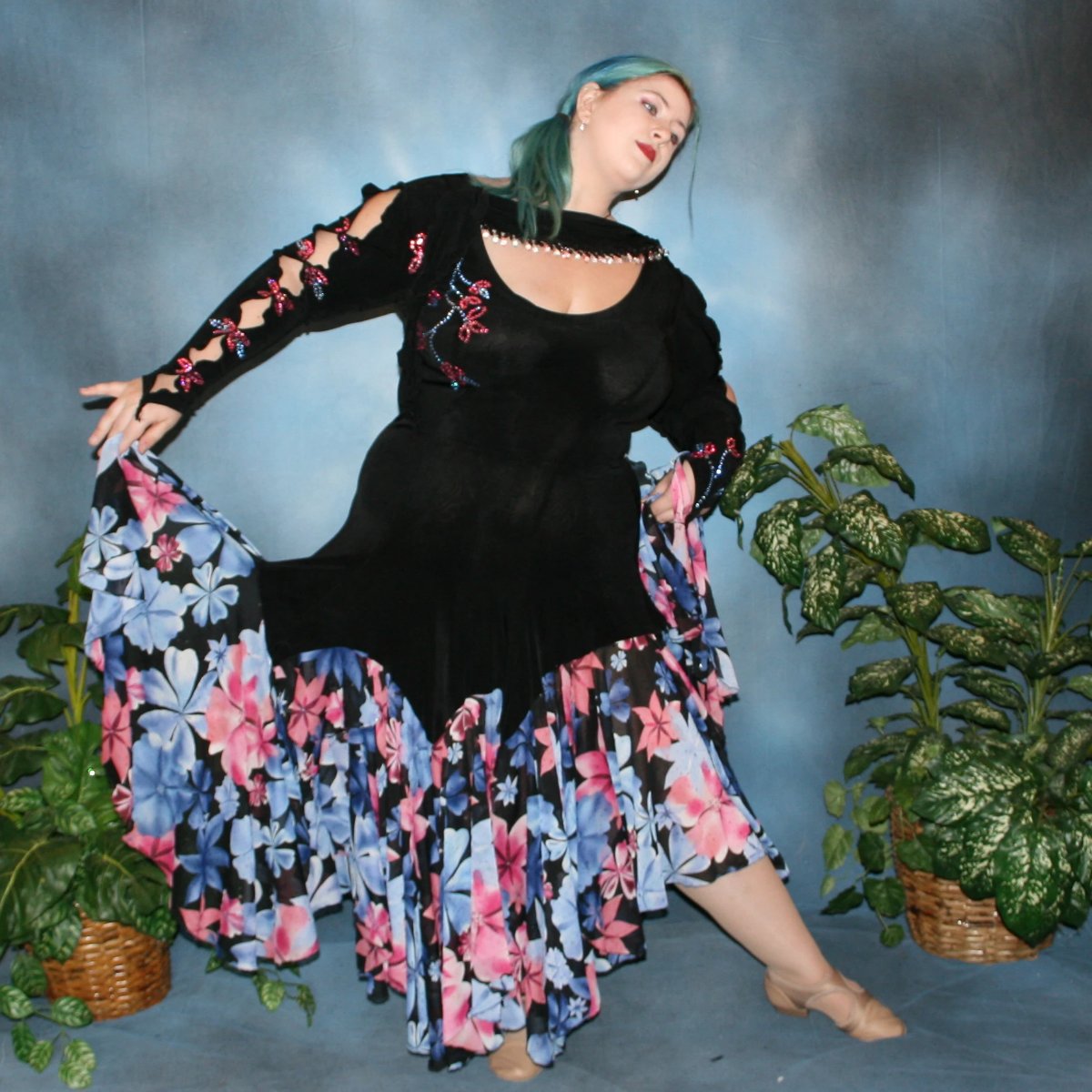 Black Plus Size Ballroom Dress with Blue & Pink Swarovski Rhinestone Work, Floral Skirting-April