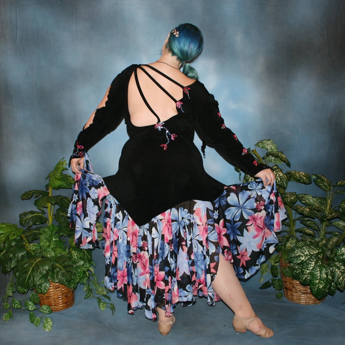 Black Plus Size Ballroom Dress with Blue & Pink Swarovski Rhinestone Work, Floral Skirting-April