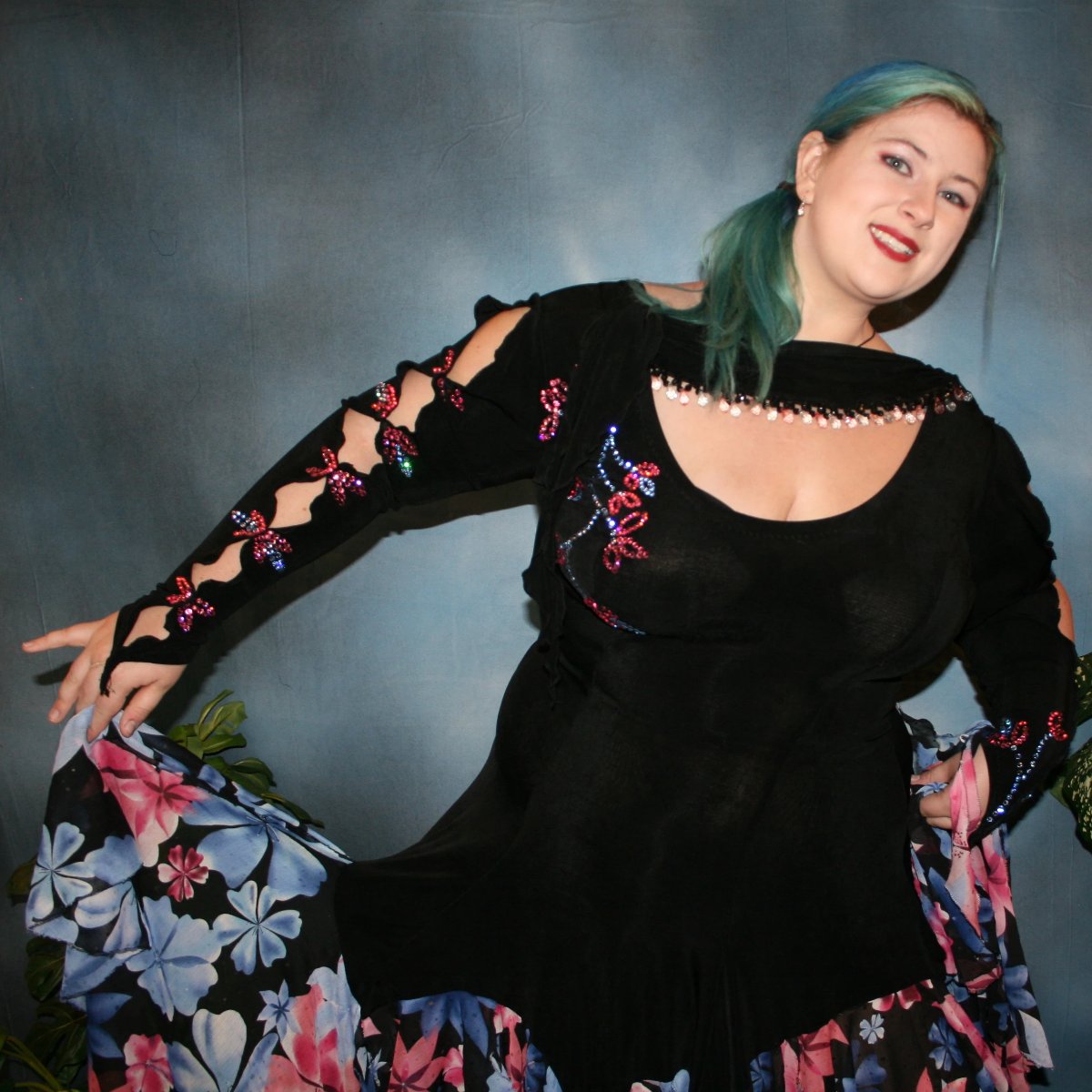 Black Plus Size Ballroom Dress with Blue & Pink Swarovski Rhinestone Work, Floral Skirting-April