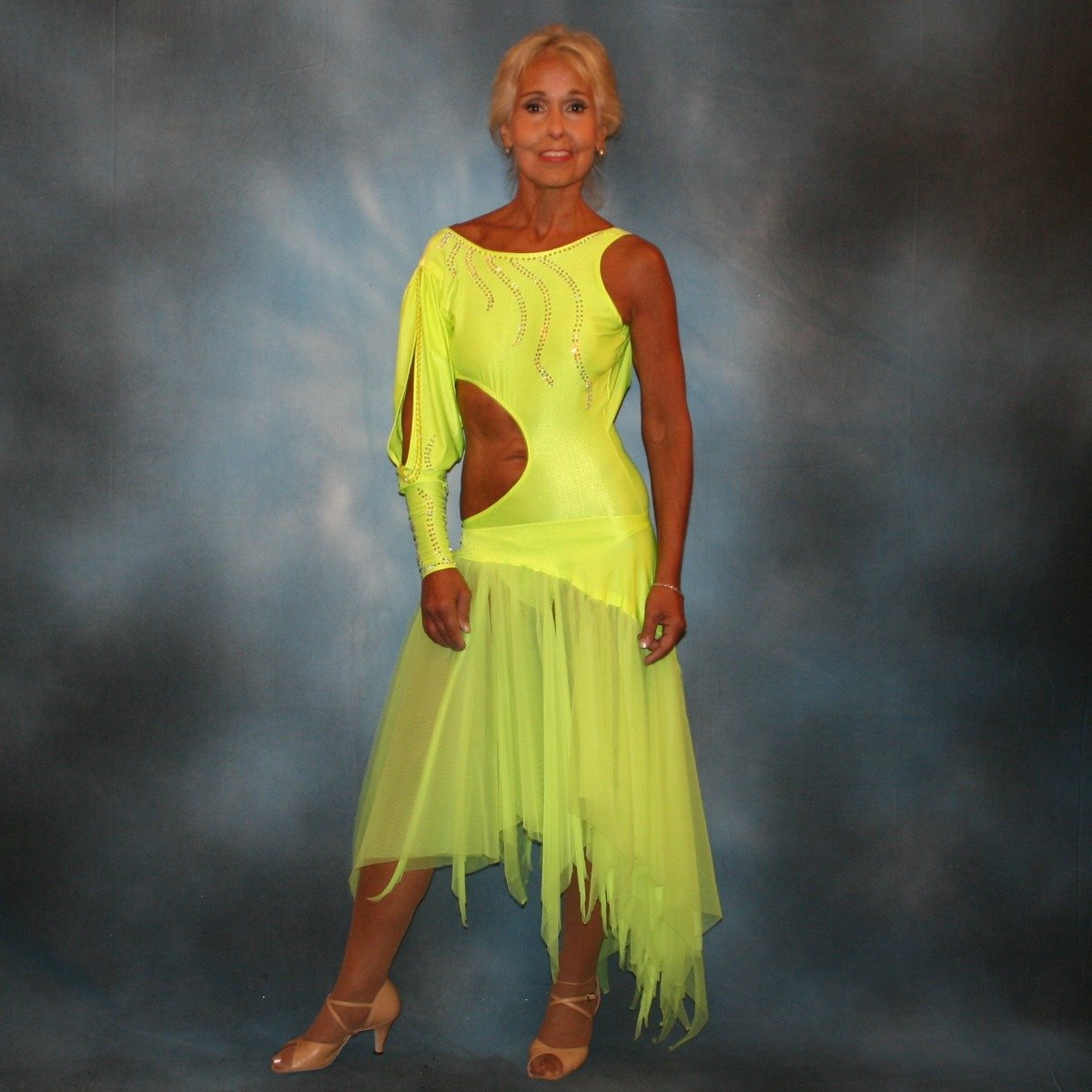 Crystal's Creations florescent yellow theatrical ballroom show dance dress