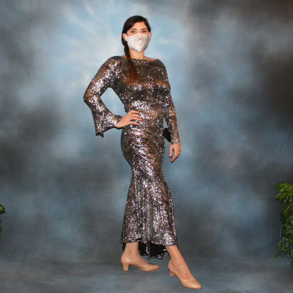 Crystal's Creations Silver Latin/rhythm/tango dress created of silver swirls glitter slinky with sleek & elegant lines, long flared sleeves & low back with strap details, size 5/6-11/12, very stretchy