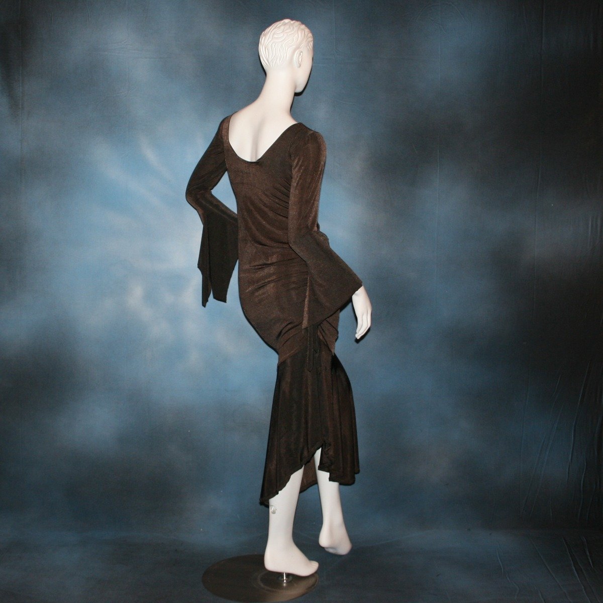 Crystal's Creations back view of brown Latin dress created in luxurious deep chocolate brown slinky