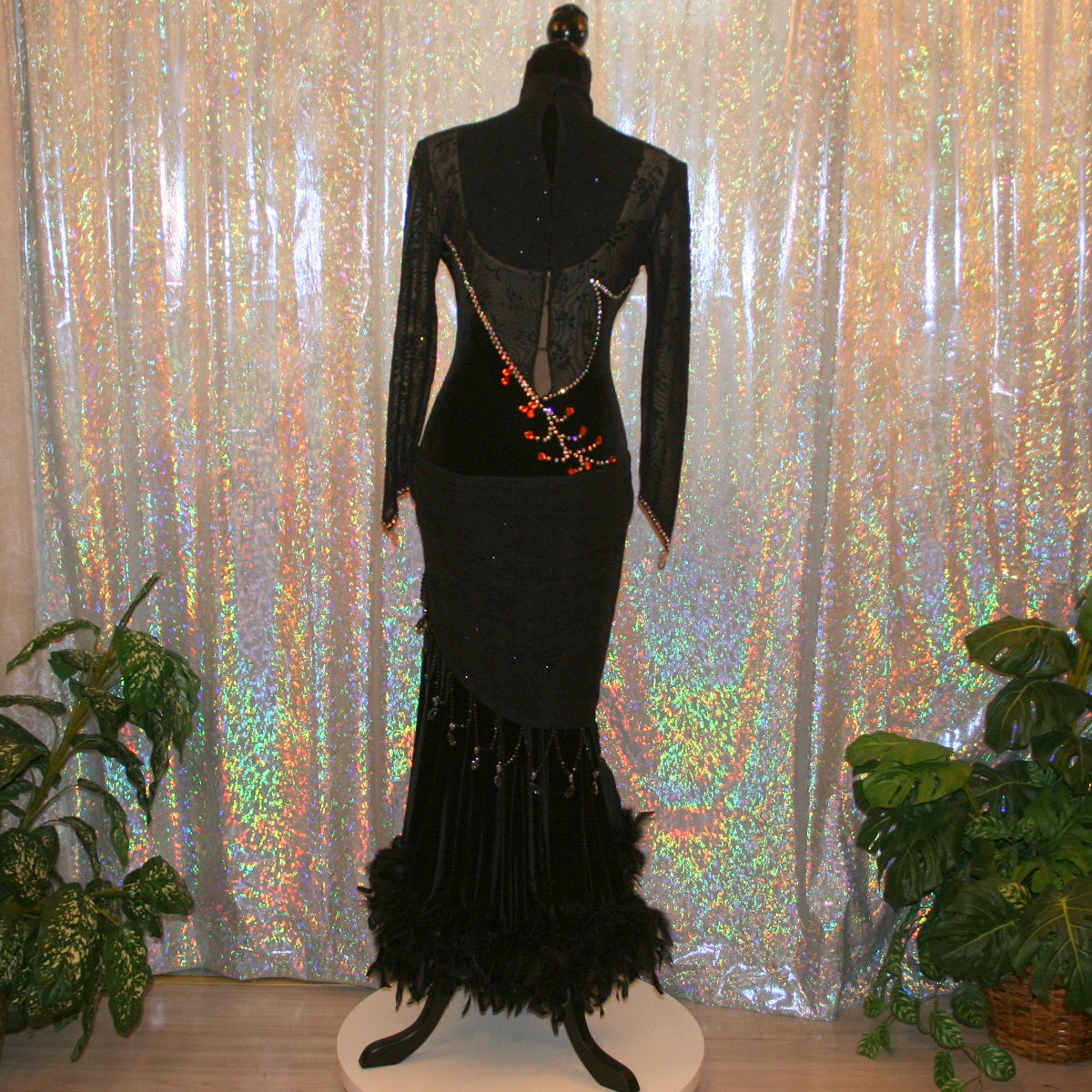 Black Ballroom Dress with Orange Accents & Black Feathers on Sale-Contessa