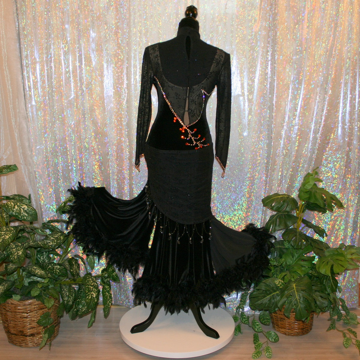 Black Ballroom Dress with Orange Accents & Black Feathers on Sale-Contessa