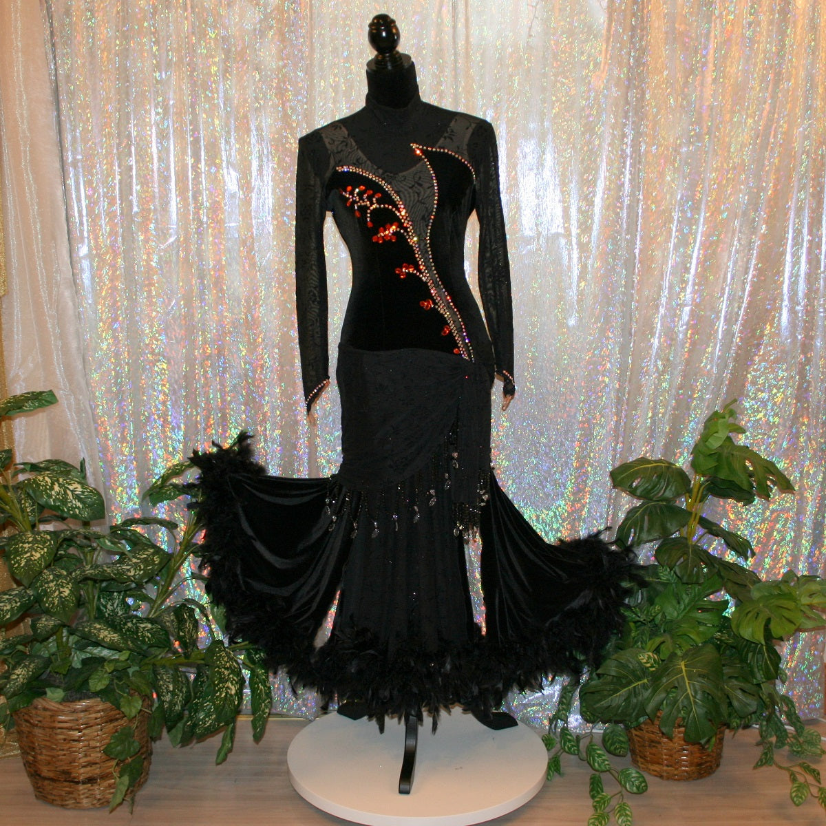 Black Ballroom Dress with Orange Accents & Black Feathers on Sale-Contessa