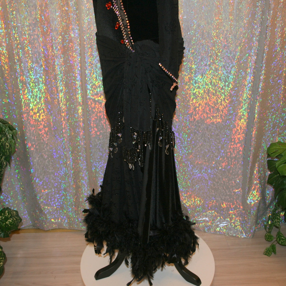 Black Ballroom Dress with Orange Accents & Black Feathers on Sale-Contessa