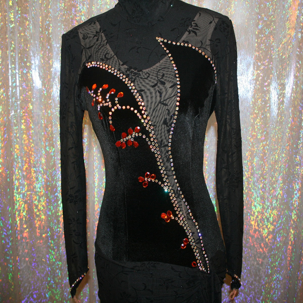 Black Ballroom Dress with Orange Accents & Black Feathers on Sale-Contessa