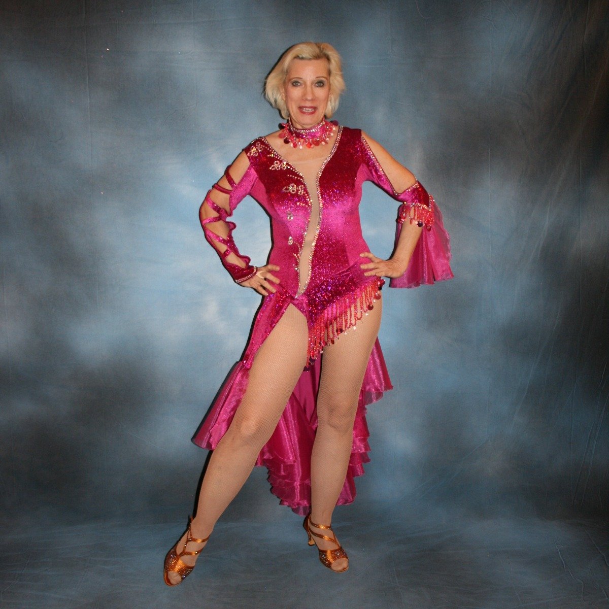 Fuchsia Glitter Stretch Velvet Latin-Rhythm Dance Set on Sale-Dazzle