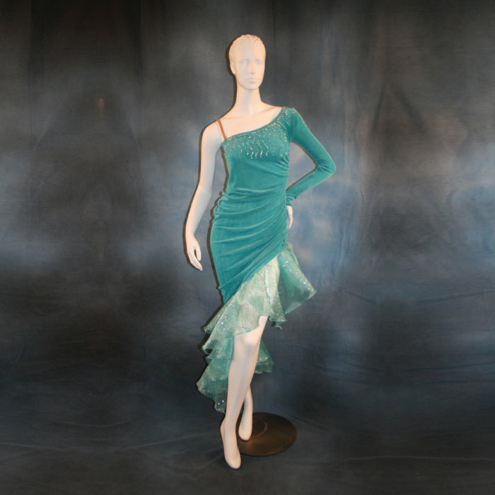 Crystal's Creations aqua Latin/rhythm dress created in aqua luxurious solid slinky with glitter organza flounces, aqua Swarovski rhinestone work