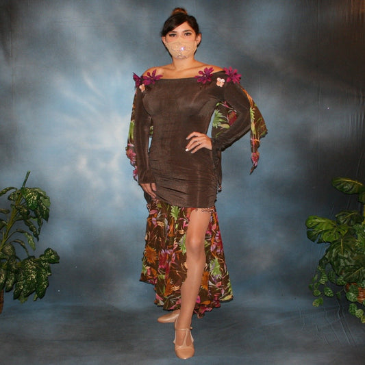 Crystal's Creations brown ballroom dress created of luxurious chocolate brown slinky along with fall flowers print chiffon