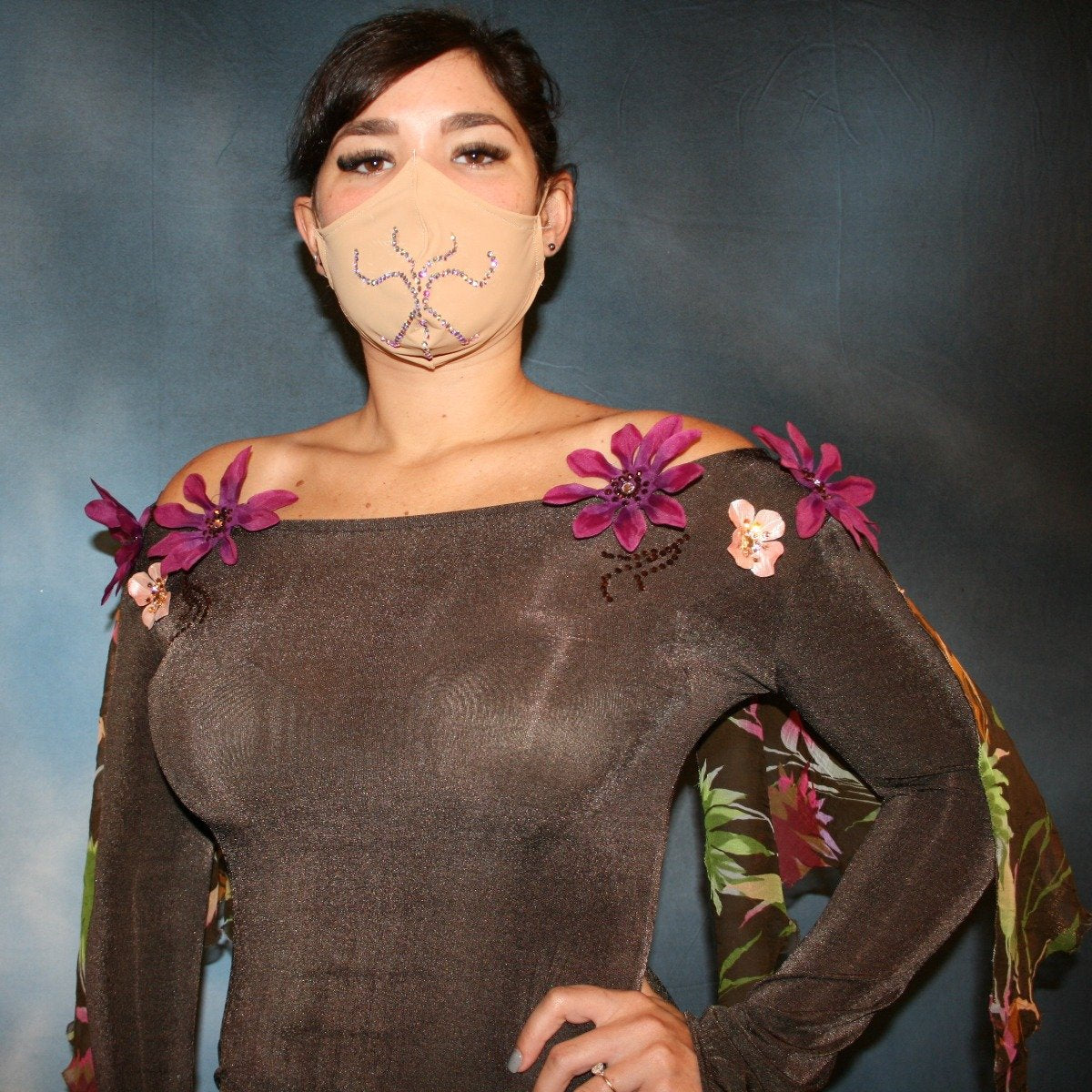 Crystal's Creations close up view of brown ballroom dress created of luxurious chocolate brown slinky along with fall flowers print chiffon