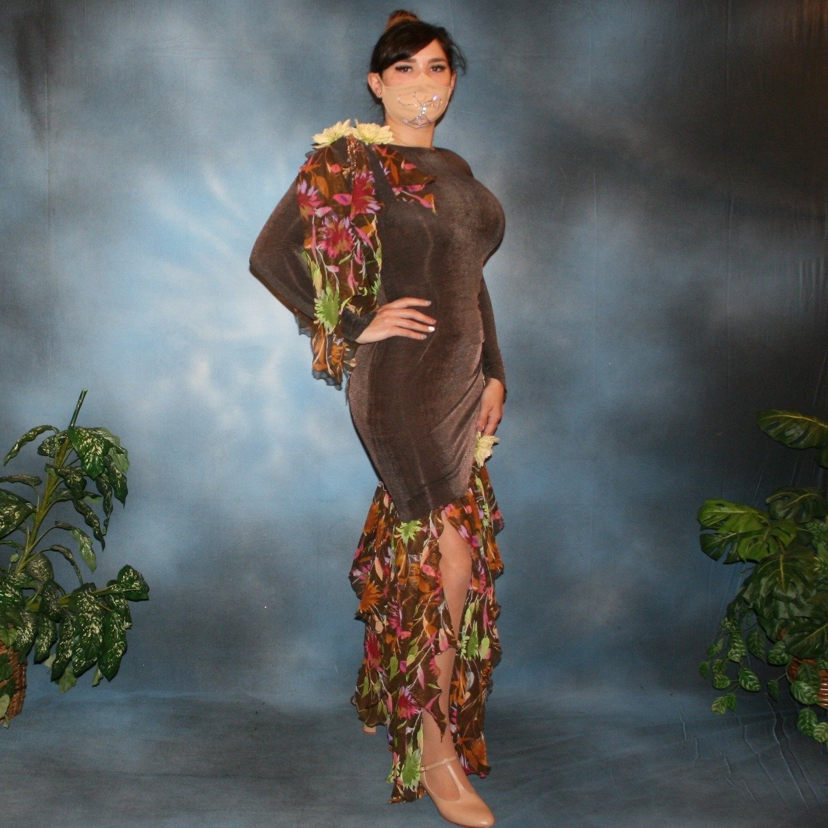 Crystal's Creations side view of brown ballroom dress created of luxurious chocolate brown slinky along with fall flowers print chiffon