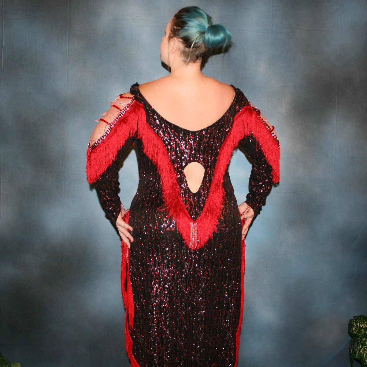 Black Plus Size Latin-Rhythm Dress with Red and Pink Accents-Fire Flower