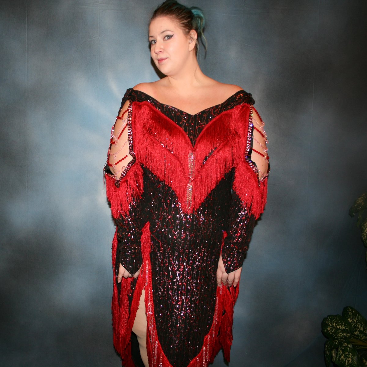 Black Plus Size Latin-Rhythm Dress with Red and Pink Accents-Fire Flower