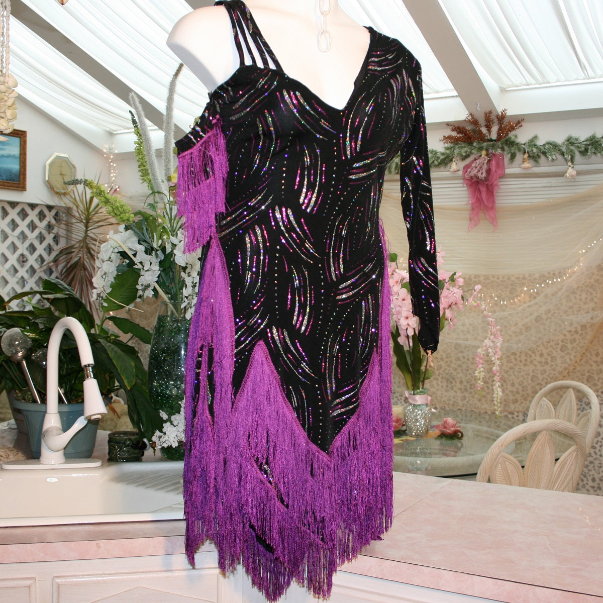 Black Latin-Rhythm Dress with Magenta Fringe, Fuchsia & Silver Accents on Sale-Fuchsia Splash