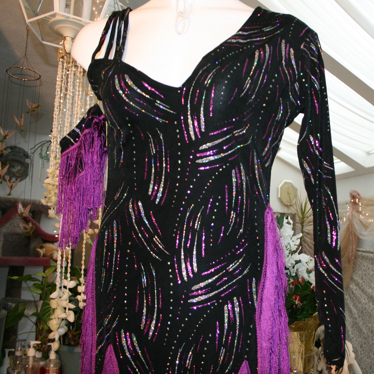 Black Latin-Rhythm Dress with Magenta Fringe, Fuchsia & Silver Accents on Sale-Fuchsia Splash