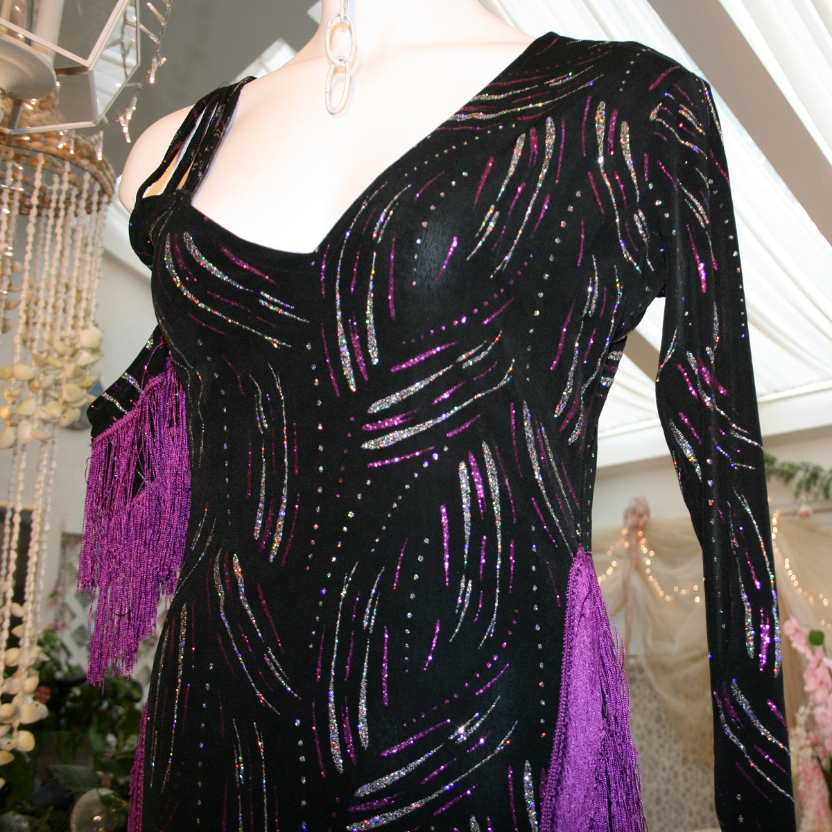 Black Latin-Rhythm Dress with Magenta Fringe, Fuchsia & Silver Accents on Sale-Fuchsia Splash