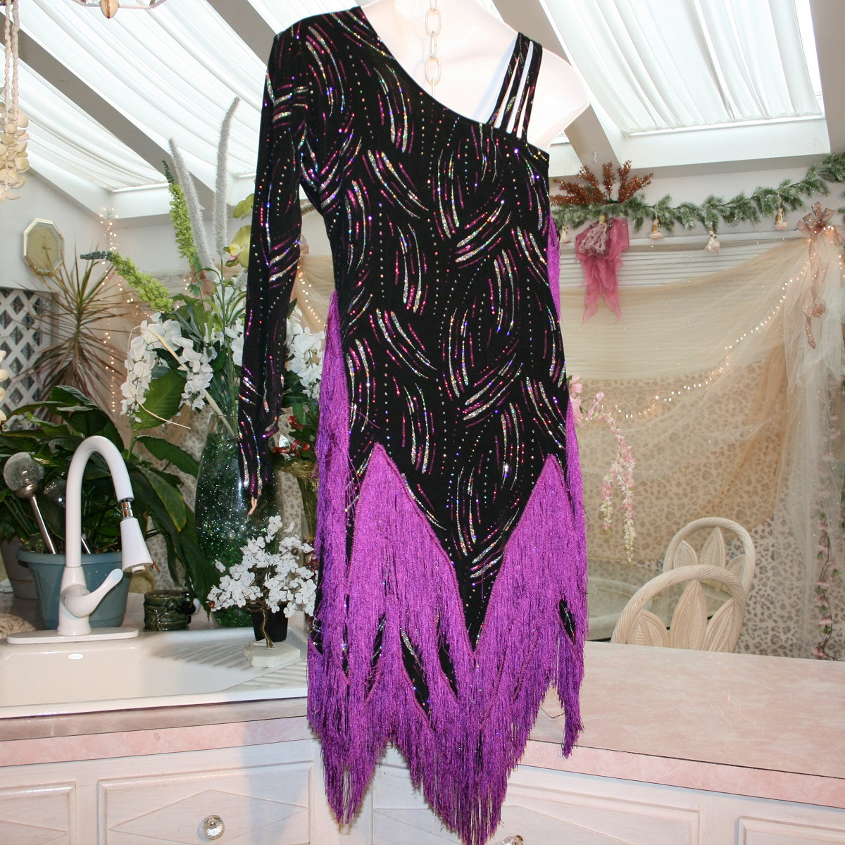 Black Latin-Rhythm Dress with Magenta Fringe, Fuchsia & Silver Accents on Sale-Fuchsia Splash