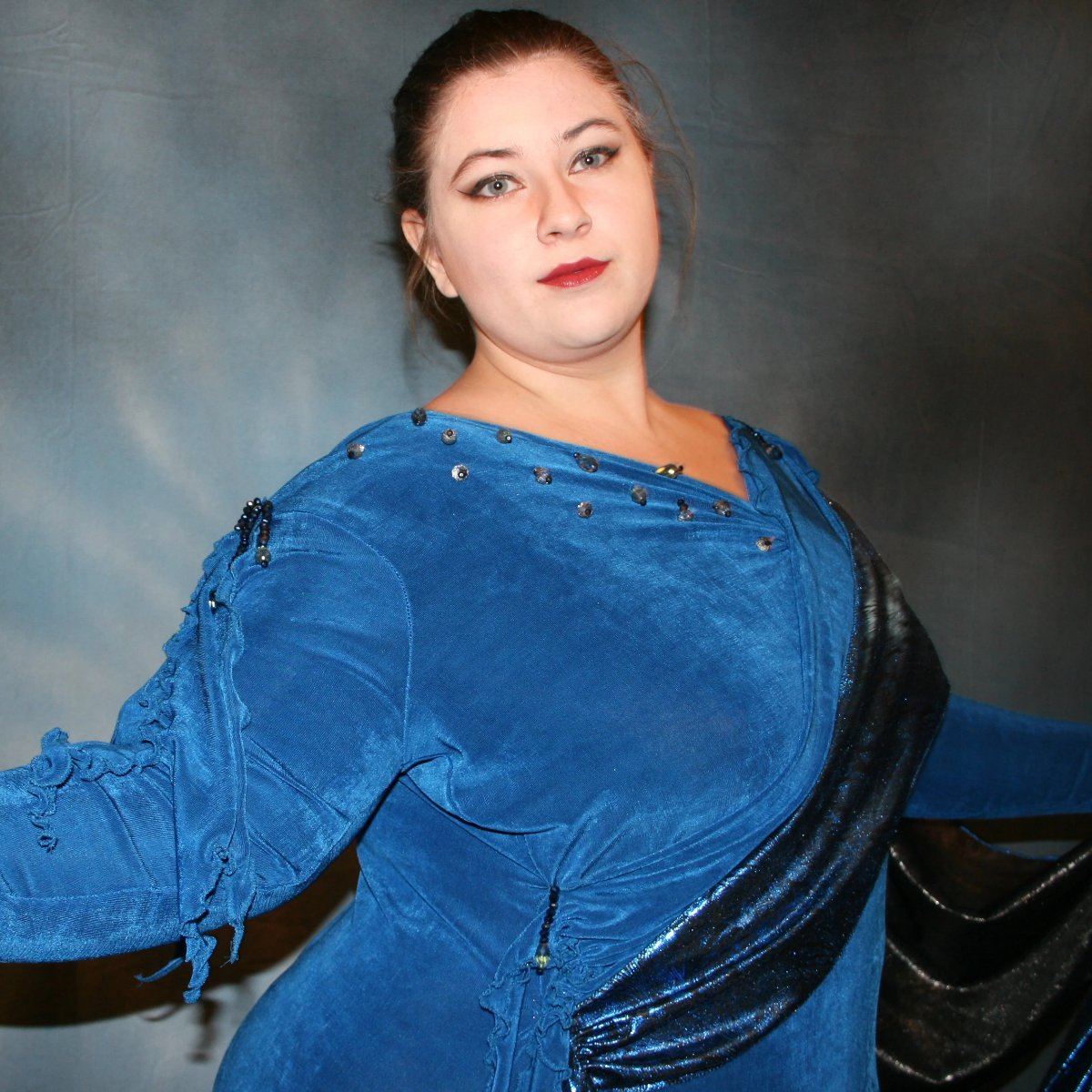 Blue Plus Size Ballroom Dress with Black Accents, Hand Beading-Mira