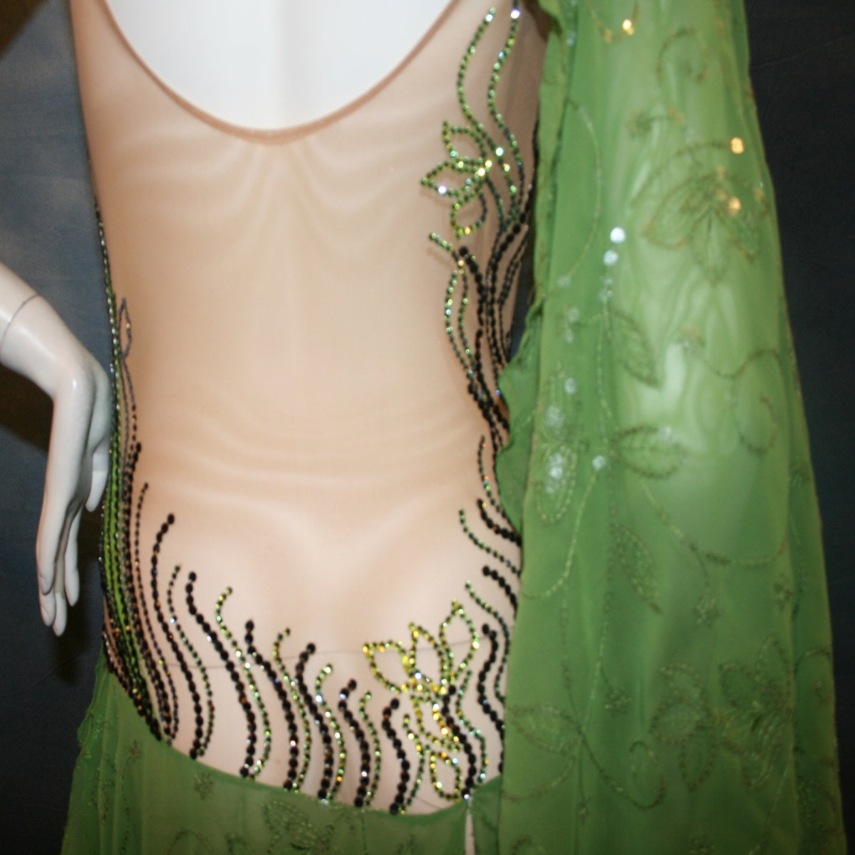 Green Ballroom Dress of Embroidered Sequin Chiffon on Nude Color Illusion Base-Ivy