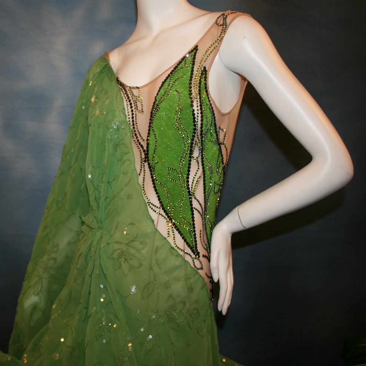 Green Ballroom Dress of Embroidered Sequin Chiffon on Nude Color Illusion Base-Ivy