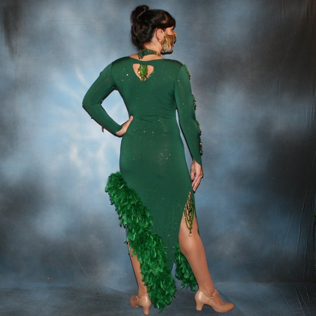 Crystal's Creations back view of Emerald green Latin/rhythm dress was created in luxurious deep emerald glitter slinky, embellished with chandelle feathers & Swarovski hand beaded detailing, size 5/6-11/12, very stretchy