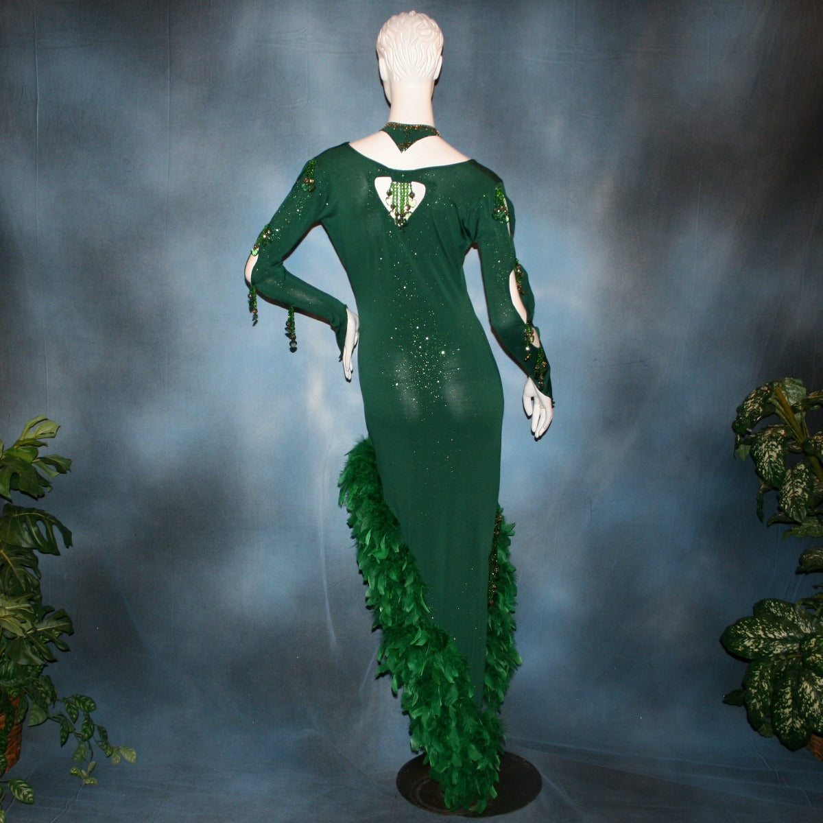 Crystal's Creations back view of Green Latin/rhythm dress was created in luxurious deep emerald glitter slinky, embellished with chandelle feathers & Swarovski hand beaded detailing.