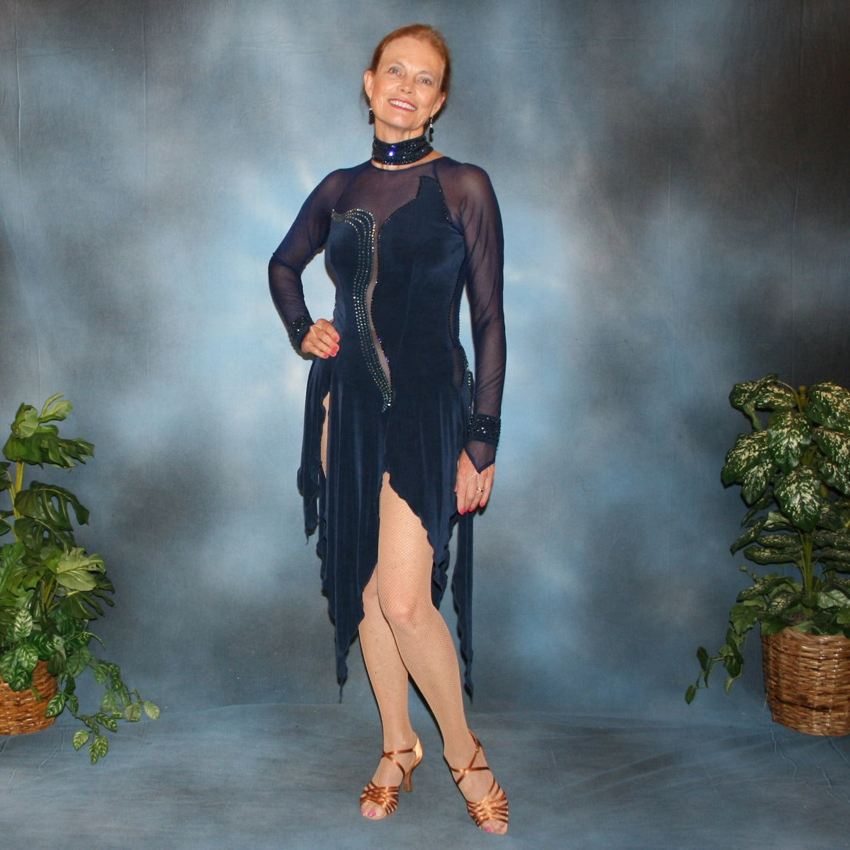 Crystal's Creations Navy blue Latin/rhythm dress was created in luxurious navy solid slinky & sheer mesh… embellished with montana(navy) & montana AB Swarovski rhinestone work.