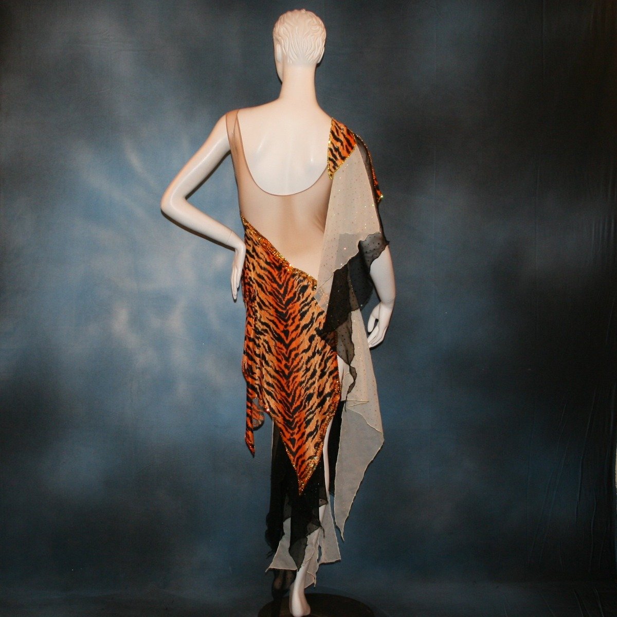 Crystal's Creations back view of tiger print Latin/rhythm dress with pale yellow accents