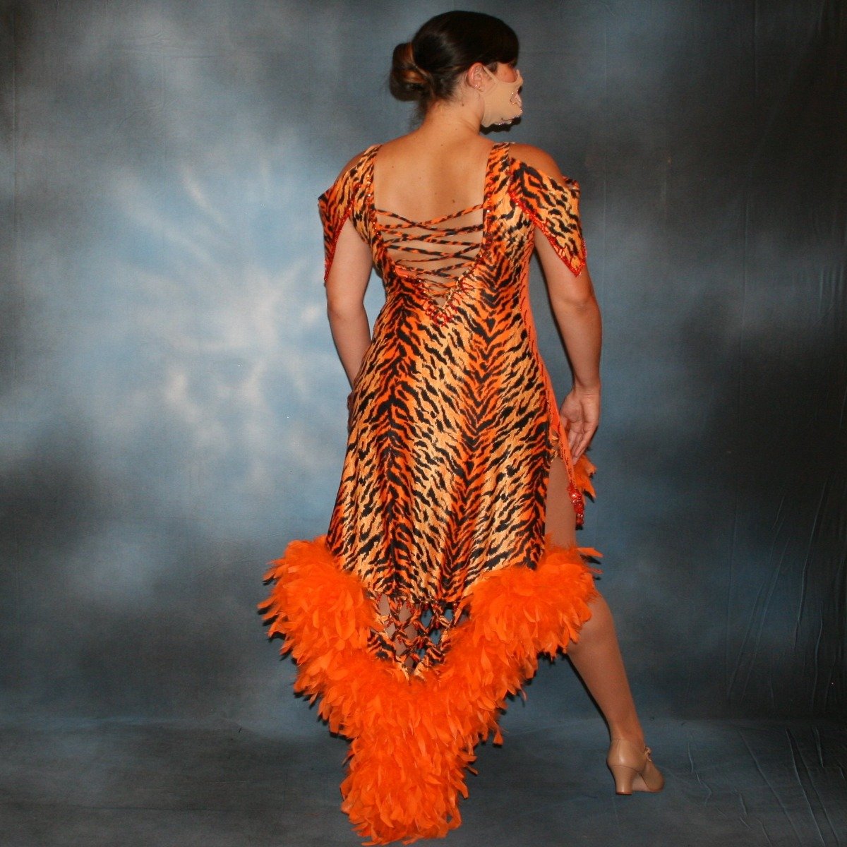 Crystal's Creations back view of Tiger print & orange Latin/rhythm dress created of tiger print lycra & luxurious orange solid slinky has color blocking, lattice work detailing in front bodice, split sides & low back, as well as intriguing longer back skirting, adorned with orange chandelle feathers, also features detailed Swarovski rhinestone work!