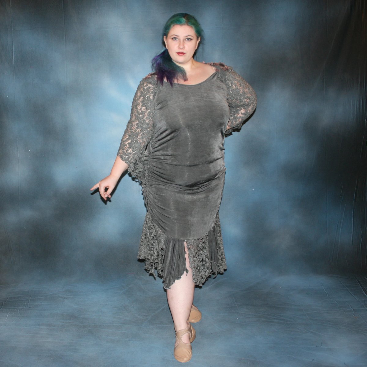 Plus Size Grey Latin-Rhythm Dress with Orchid Silk Flowers-Lacy