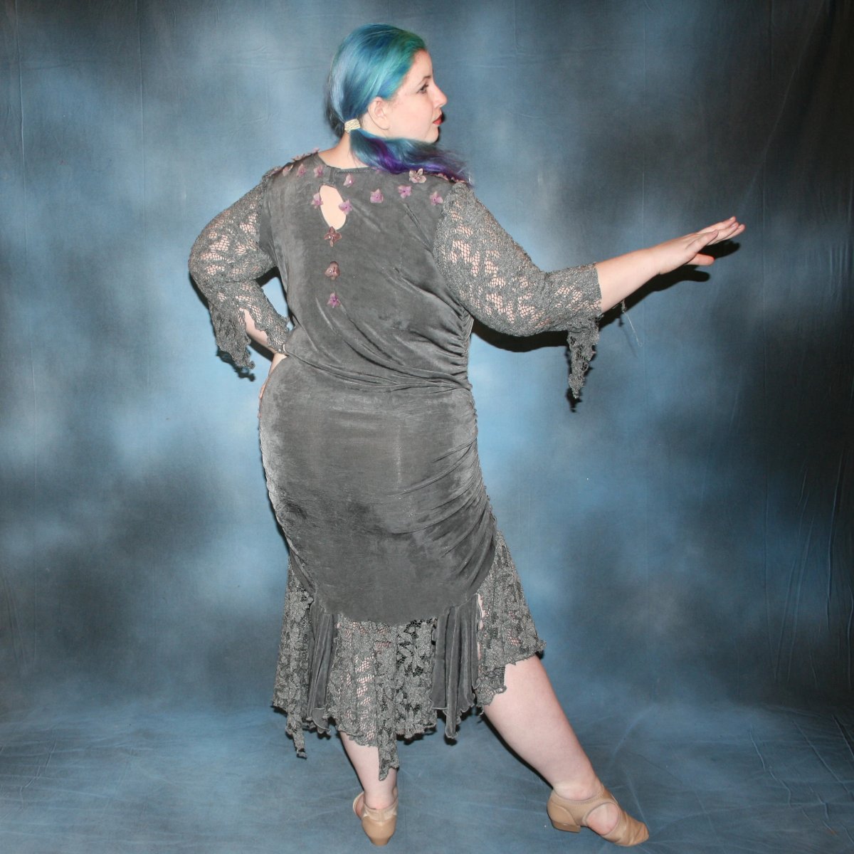 Plus Size Grey Latin-Rhythm Dress with Orchid Silk Flowers-Lacy