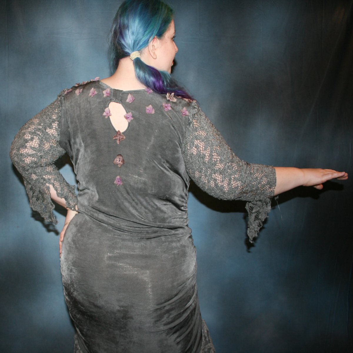 Plus Size Grey Latin-Rhythm Dress with Orchid Silk Flowers-Lacy