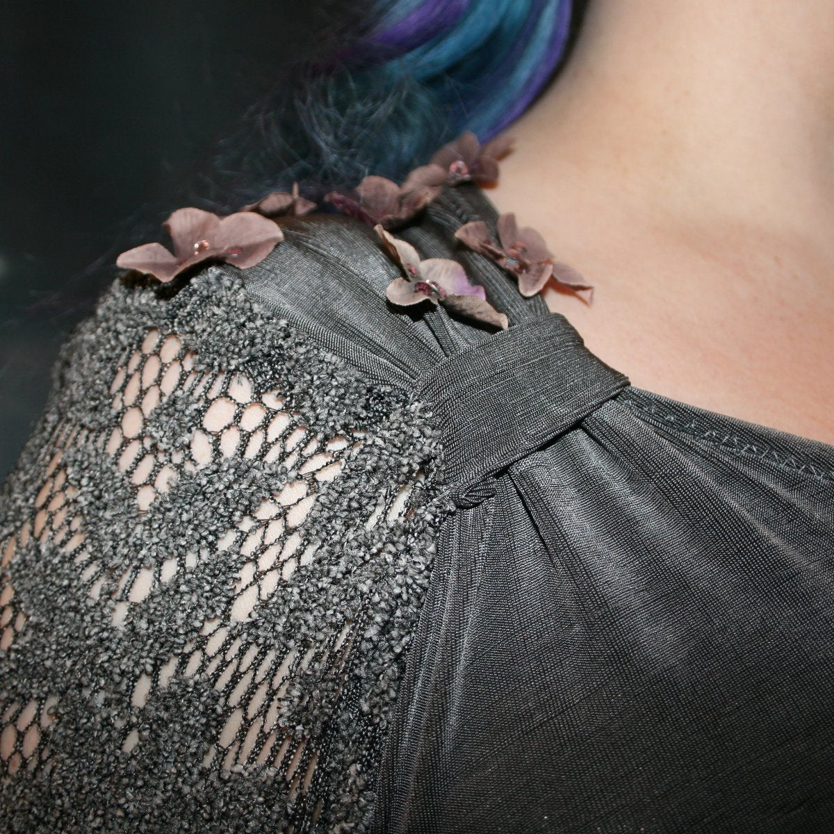 Plus Size Grey Latin-Rhythm Dress with Orchid Silk Flowers-Lacy