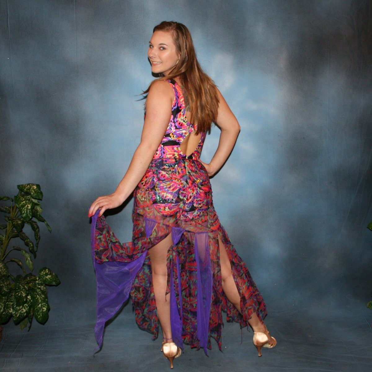 Crystal's Creations back view of a very colorful theatrical ballroom dance dress